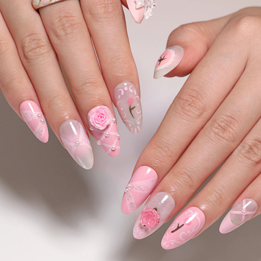 24 Pcs French Cute pink 3D Floral Tulip Ribbon Press on Nails Artificial Fingernails Customize Candy False Nails 3405