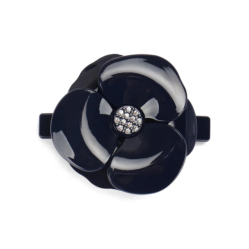 Hot Sale Camellia Hair Barrettes Acrylic Big Size Flower Barrette Clip Clear Rhinestones Hair Accessories for Women