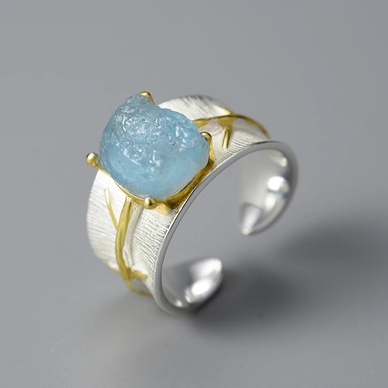 Wholesale Price Fashion Jewelry Aquamarine Gemstone Handmade 925 Sterling Silver Band Thick Rings for Women