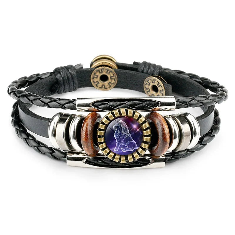 Charm Leather Braided Rope Bracelet Punk Bracelets 12 Zodiac Leather Bracelets for Women Men Jewelry Gift