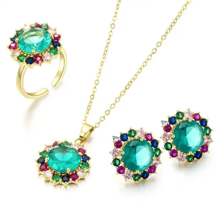3pcs Classical Sparking Colorful CZ Zircon Flower Pendant Necklace Earring and Ring for Women Fashion Brand Costume Jewelry Se