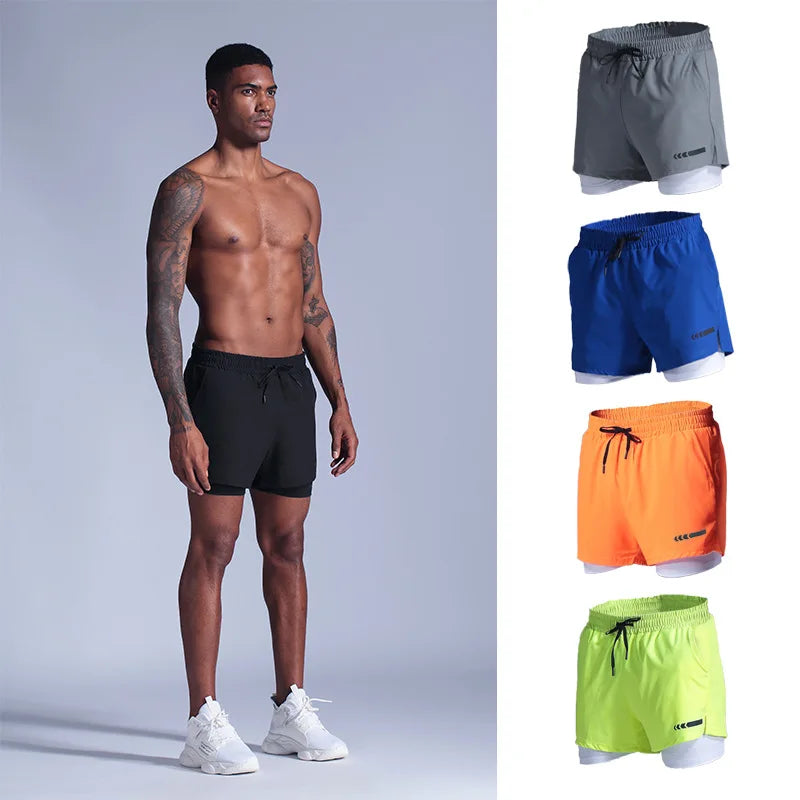 High Quality Quick Dry Double Layer Gym Shorts Built-in Running Sports Shorts Men