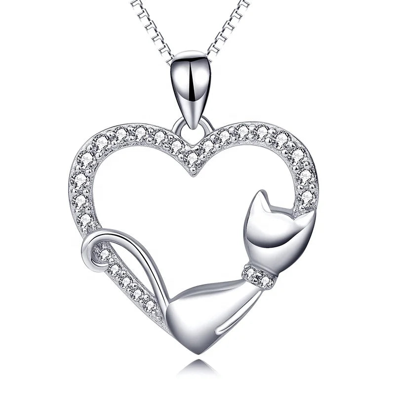 GP74 Sterling Silver 925 Romantic Cute Animal Heart Cat Pendant for Women 925 Jewelry Silver Necklace
