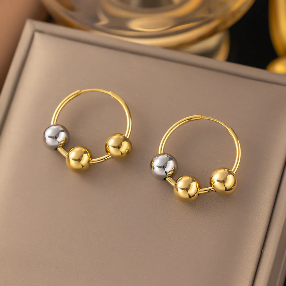 New Arrived 18k Gold Plated Bead Drop Earrings Double Color Stainless Steel Round Ball Hoop Earrings for Women