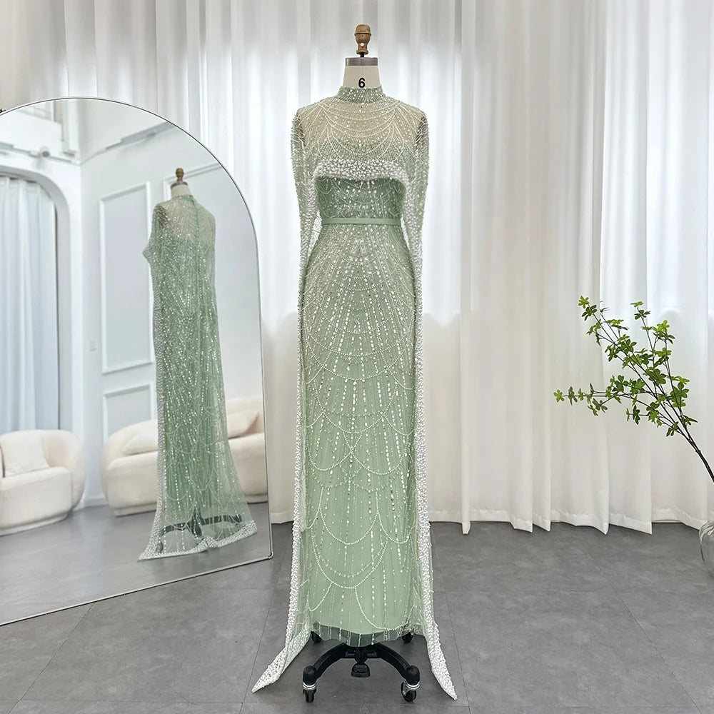 Jancember SZ369 Luxury Heavy Beaded Pearls Mermaid Evening Party Dresses With Shawl