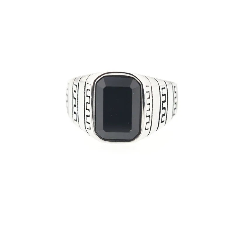 S925 Sterling Silver Vintage Hand Ornament SimpleTurkish Men Rings Fashion Thai Silver Agate Open Pattern Hiphop Jewelry