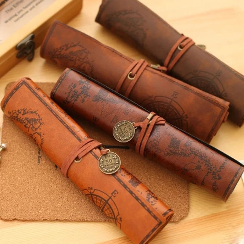 Gift PU Leather Retro Treasure Map Pen Holder Bag PU Pencil Case Cover Pen Bag
