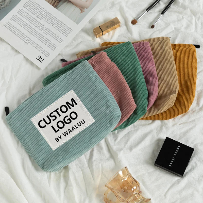 Custom LOGO Label Striped Pouches Women Large Cosmetics Bags Travel Cosmetic Corduroy Zipper Bag Girls Make up Organizer Purse