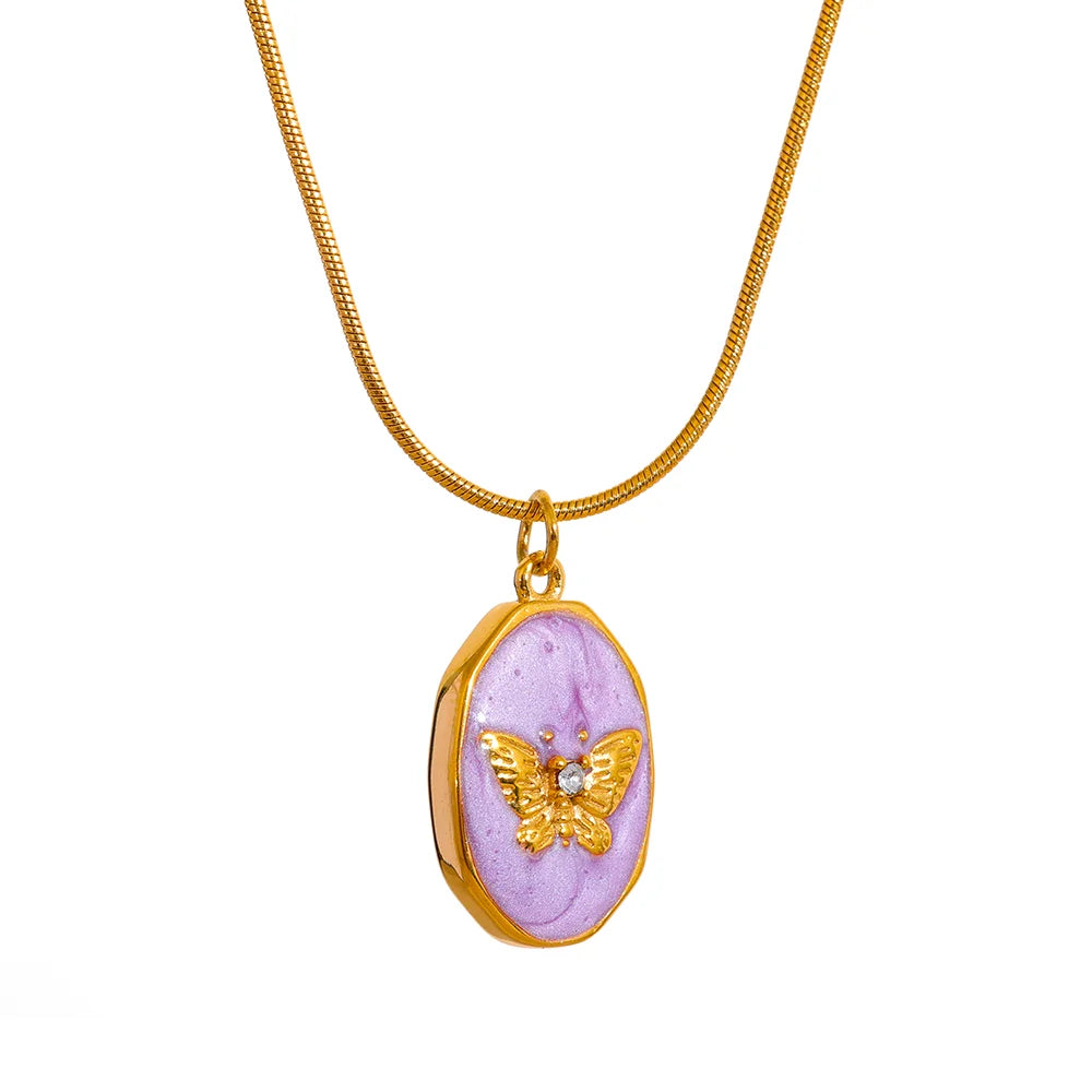 JINYOU 650 Pink Enamel Butterfly Gilding Geometric Pendant Stainless Steel Collar Fashion Necklace for Women Korean Chic Jewelry MegaBDM