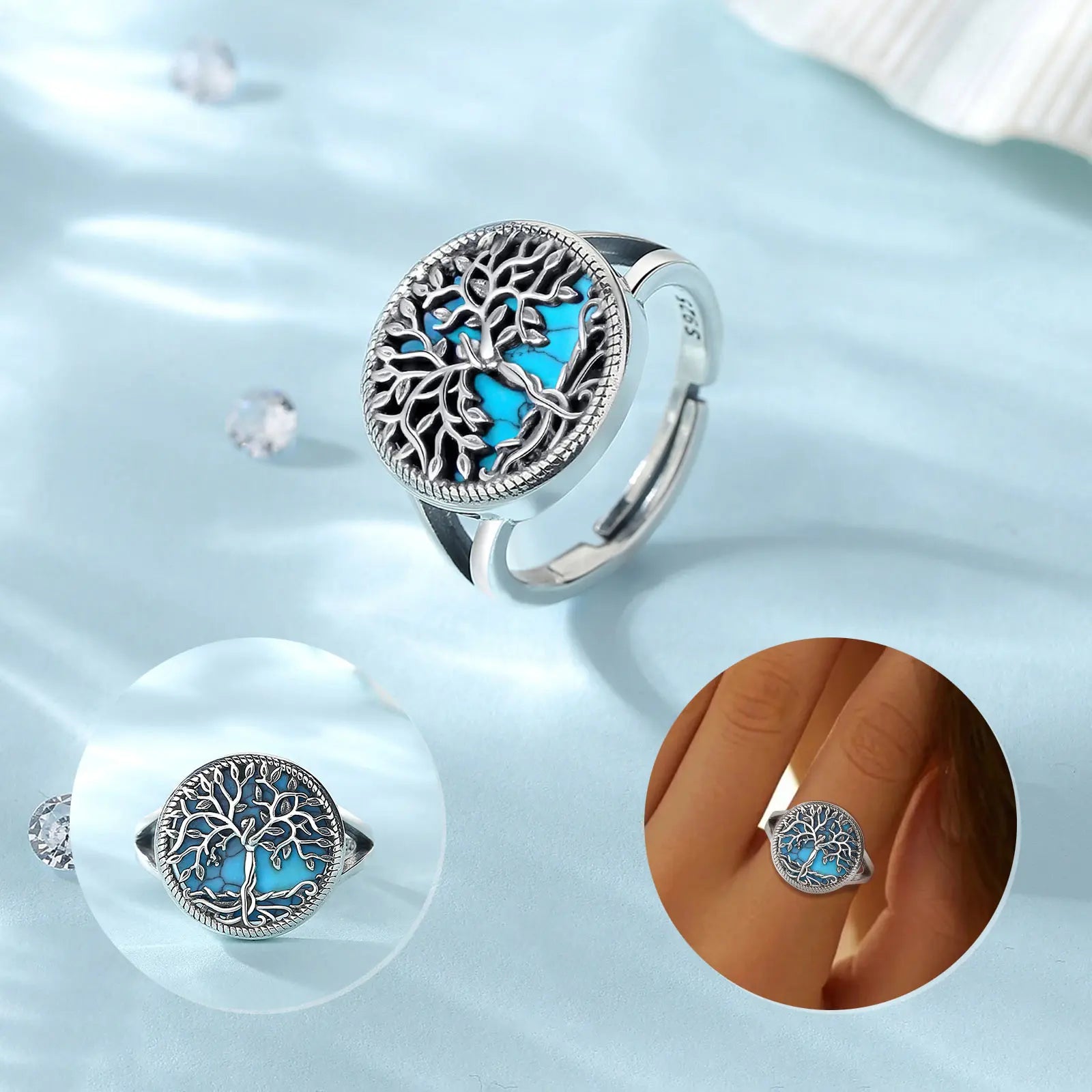 Merryshine 925 Sterling Silver Vintage Engagement Mens Gemstone Jewelry Turquoise Tree of Life Stone Ring for Women