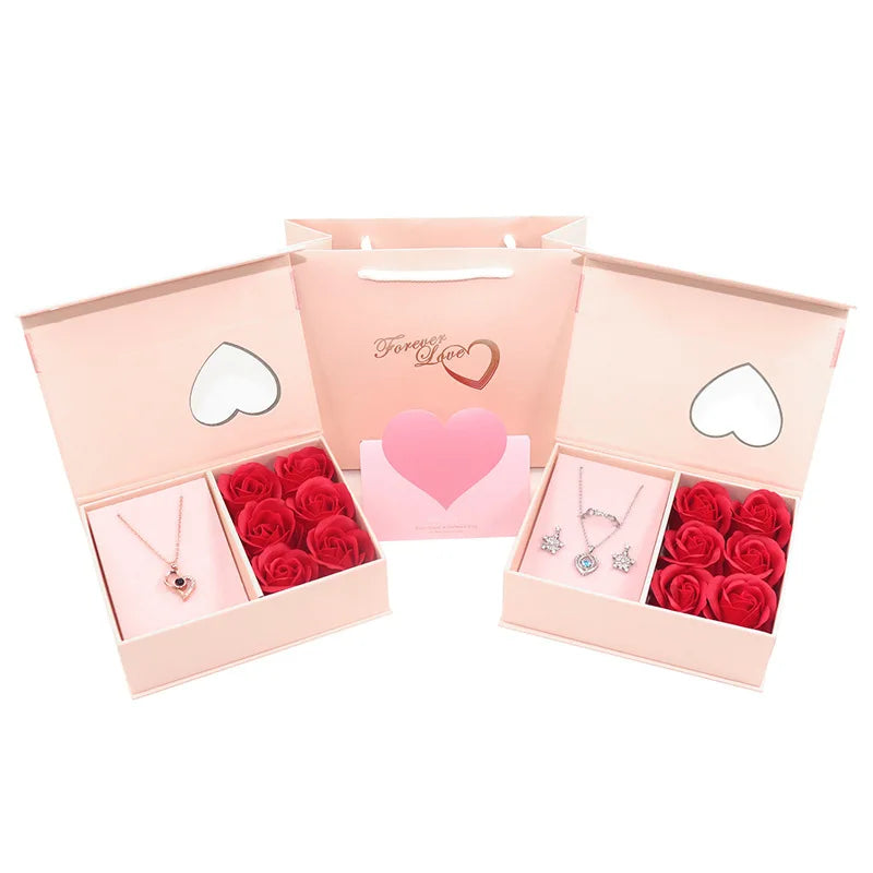 A1 Necklace Ring Earring Rose Book Box Flip Cover Jewelry Box Pink Bow Love Gift Packing Double Valentine's Day Gift Box