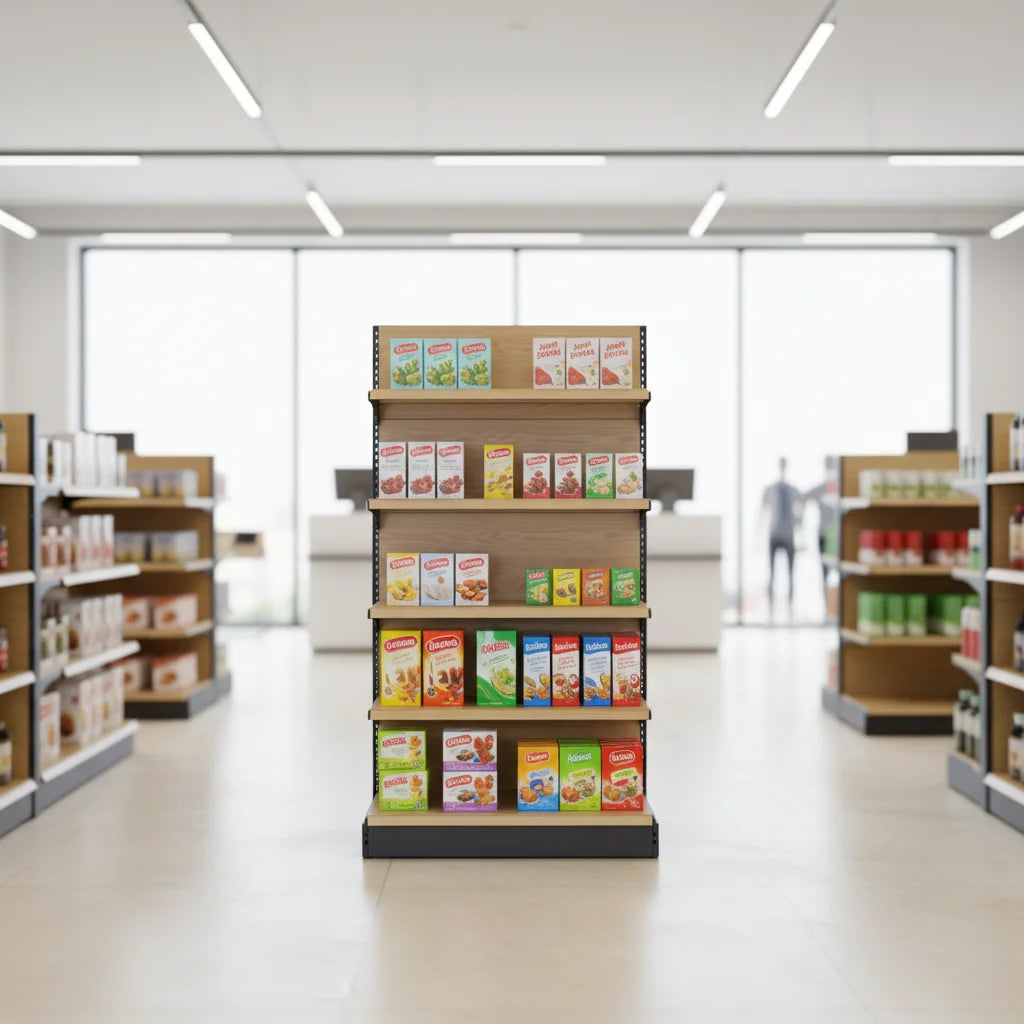 Steel Gondola Display Rack with Solid Shelves for Supermarkets-Freestanding Epoxy Powder Coated