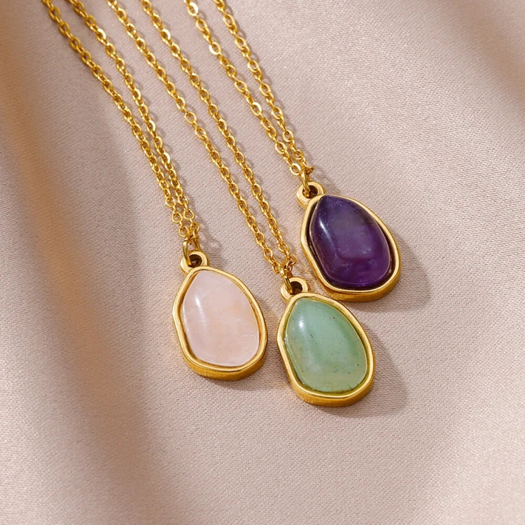 New Fashion Irregular Geometric Fresh Green Healing Stone Necklace Pink Quartz Crystal Fine Stainless Steel Jewelry for Women