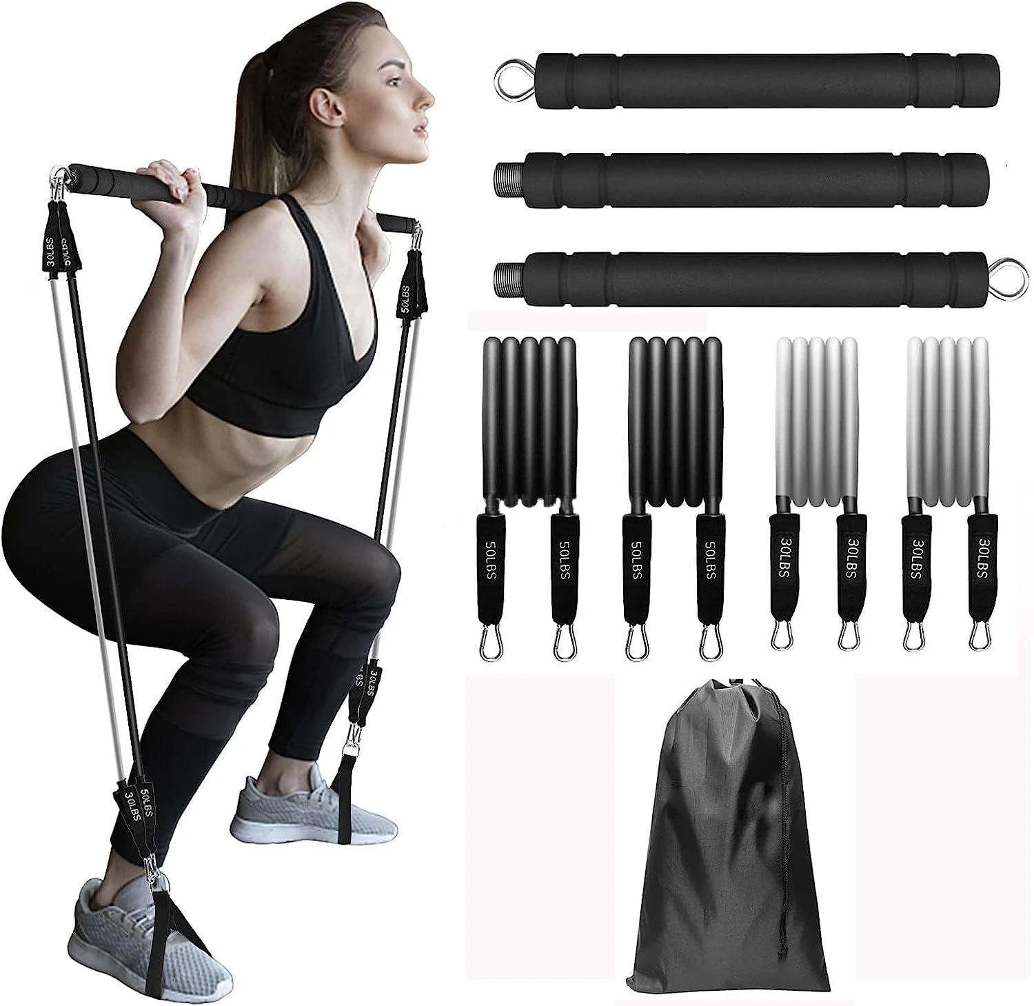 Adjustable Fitness Pilates Yoga Pull Bar Kit 50lbs 30lbs TPE Exercise Workout Resistance Stretch Band Set Pilates Stick Bars