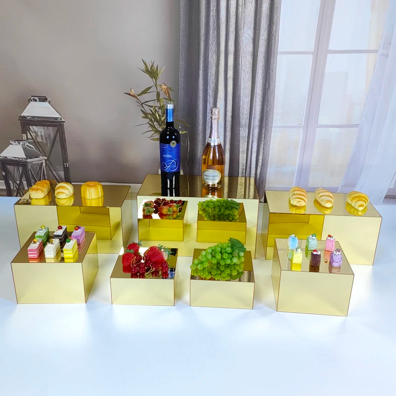 Gold Mirror Riser 7PCS Per Set Acrylic Display Stand Catering Buffet White Stand for Food Display