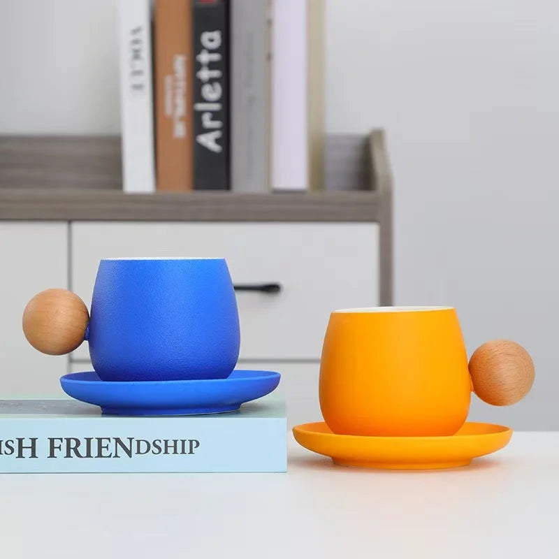 M Ceramic Coffee Mug with Saucer Set Cute Creative Cup with Round Wooden Handle Design for Office and 11oz for Latte Te