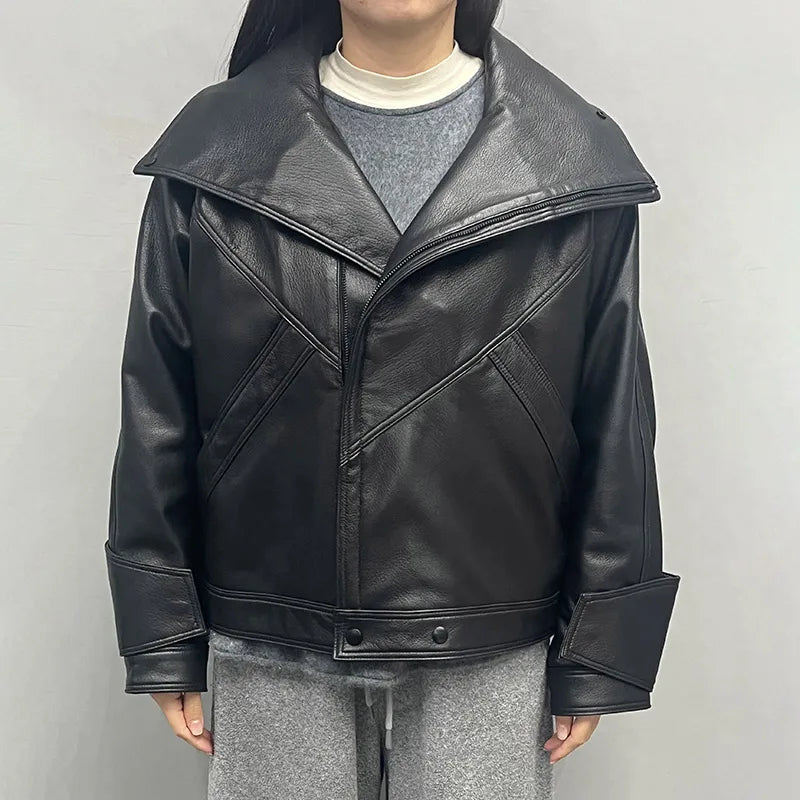 Jancoco Vegetable Tanned Crop Leather Coat Women Genuine Lambskin Motorcycle Leather Jacket