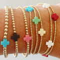 Go2boho Women's Gold Plated Cross Bracelet Set Fashion Christian Beaded Elastic Stackable Bangles Handmade Charm Bracelets