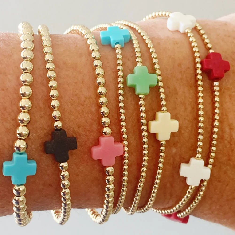 Go2boho Women's Gold Plated Cross Bracelet Set Fashion Christian Beaded Elastic Stackable Bangles Handmade Charm Bracelets