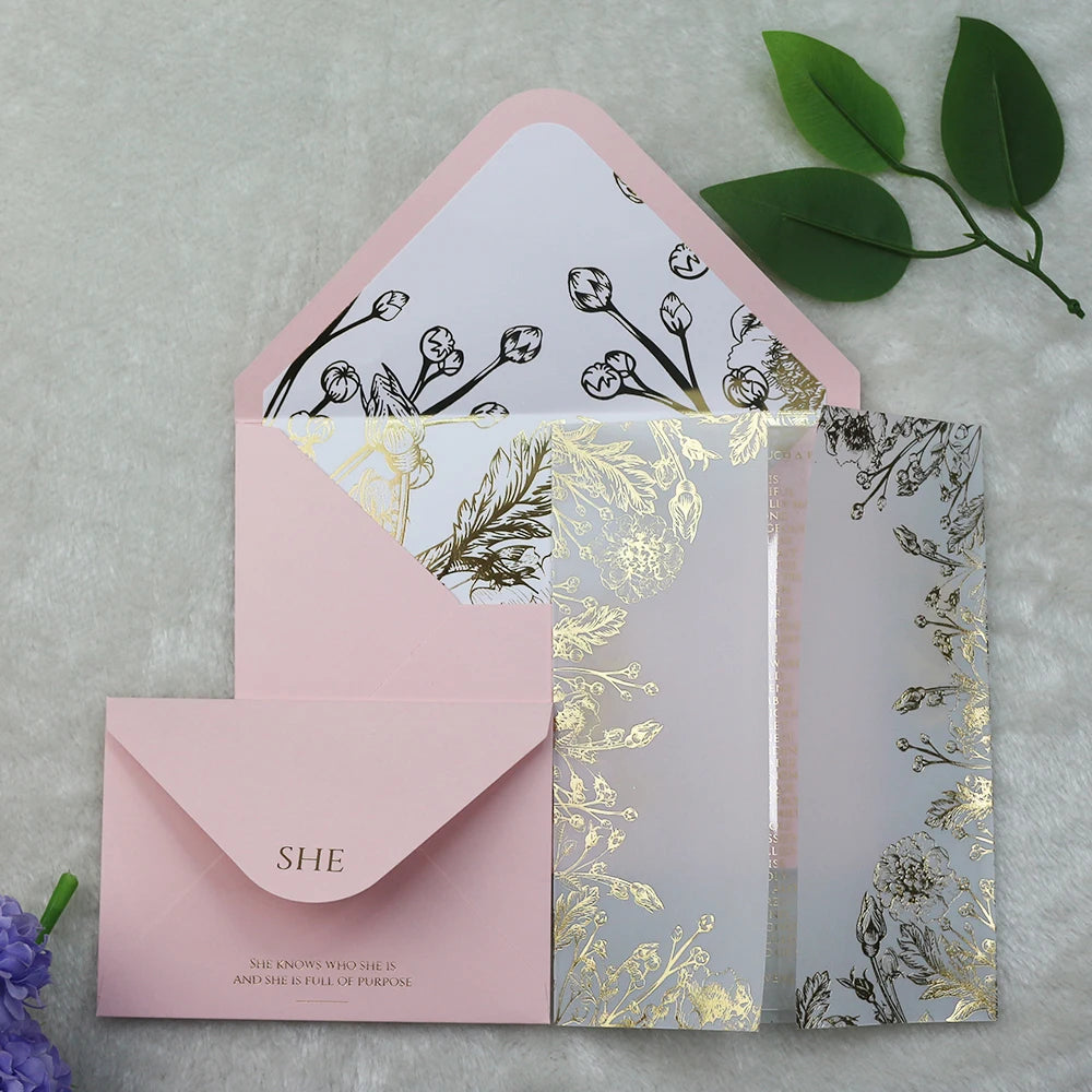 5*7 Inches Foiling Clear Acrylic Wedding Invitation Cards Vellum Invitation Cover Sets with Wax Seal and Blush Envelope