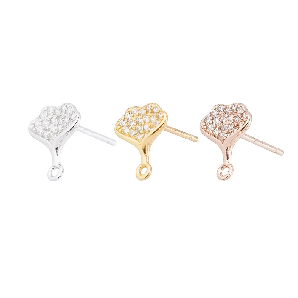Wholesale 925 Sterling Silver Micro Pave Diamond Ginkgo Leaf Stud Earrings Base Finding for Pearl Earring Making Kit