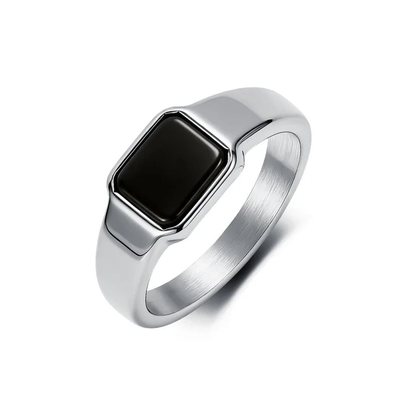 Modern Geometric Design Square Black Gemstone Stainless Steel Punk Ring for Unisex