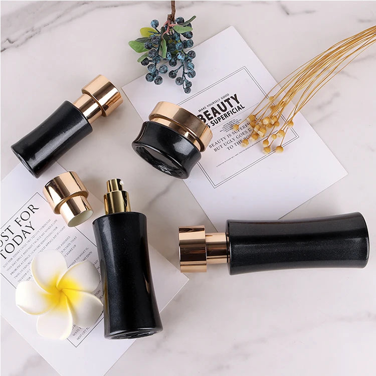 Black Gold Waist Shaped Cosmetics Set Bottle Press Pump Head Essence Liquid Bottle Cream Can Wholesale by Manufacturer customize