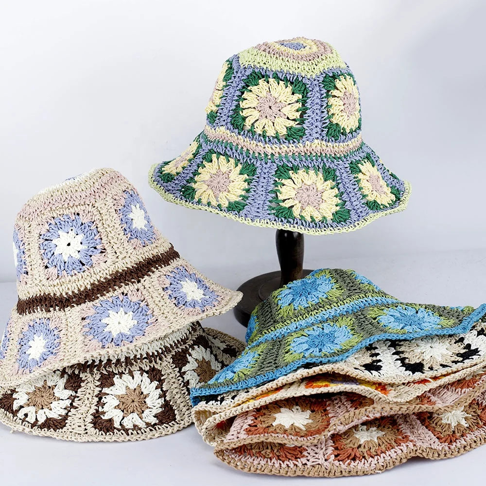 WD-A810  Bohemian Papyrus Large Brim Foldable Bucket Hats Sunblock Beach Straw Hat Wholesale