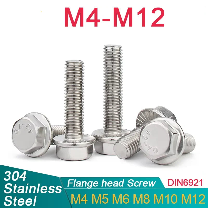 SS304 316 316L A2 A4 Flanged Hexagon Head Bolts Stainless Steel M4 M6 M8 M10 M12 DIN 6921 Hex Flange Bolt 3/8-16 Stainless Bolt