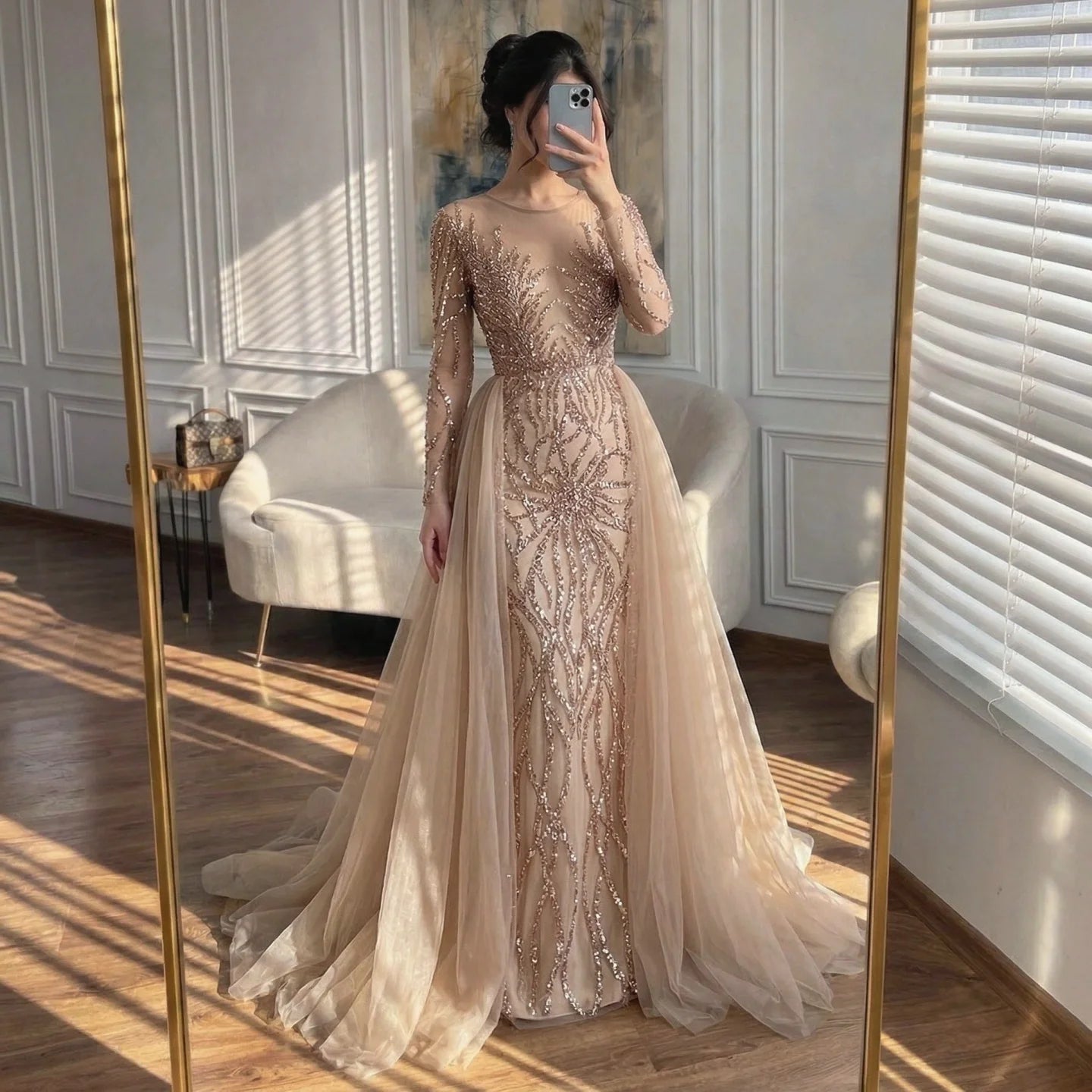 Serene Hill LA71107 Caramel Long Sleeves Mermaid Beaded Evening Dress Formal Party Gowns with Detachable Overskirt