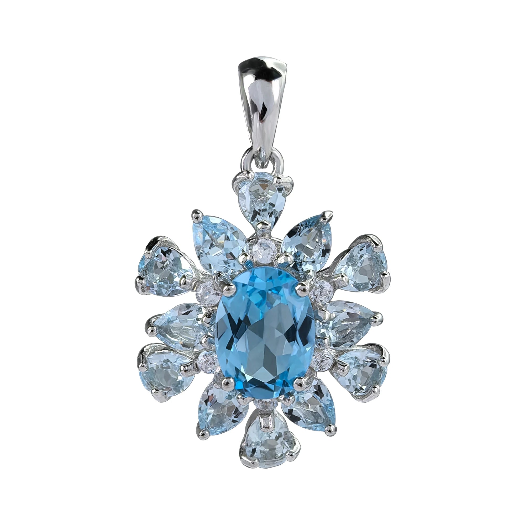 Exquisite Rhodium Plated 925 Sterling Silver Natural Swiss Blue Topaz Flower Pendant for Women Birthday Gift
