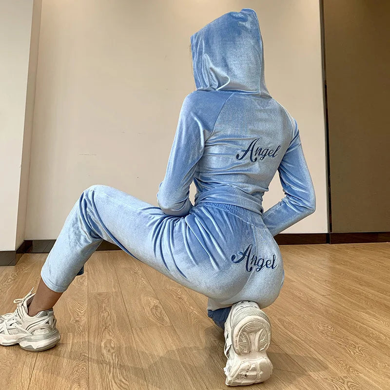 New Style Solid Color Sweatsuit Velvet Embroidery Hoodies Women Pants Casual Women Set