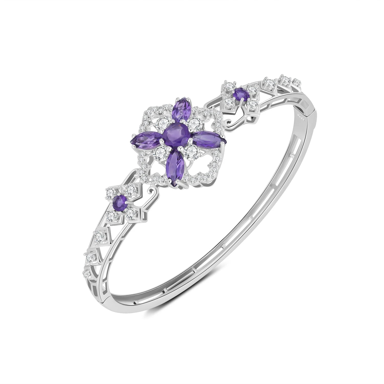 YBO Custom Luxury 925 Sterling Silver Bangle Bracelets for Women Geometric Flower Hollow Bangles Natural Amethyst Gemstone CZ