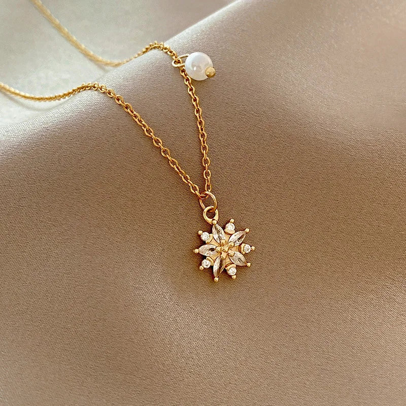 New Arrival Zircon Star Pearl Pendant Necklace Stainless Steel Clavicle Chain Sunflower Necklace