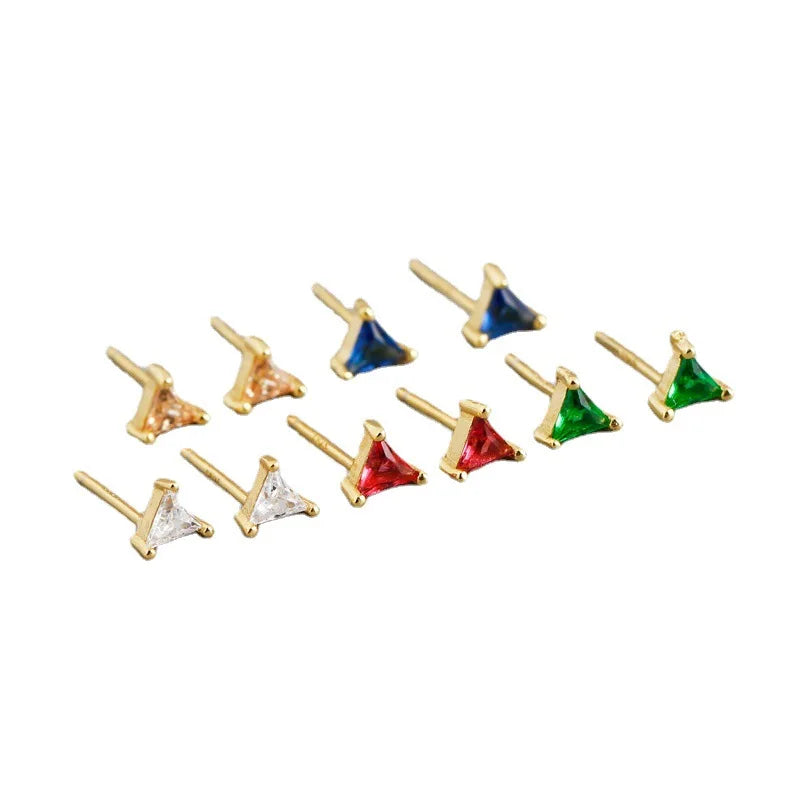 Trendy Cute Triangle Crystal Earrings with Tiny Multi Stone Stud Minimalist Cartilage CZ Cubic Zircon Stylish Studs