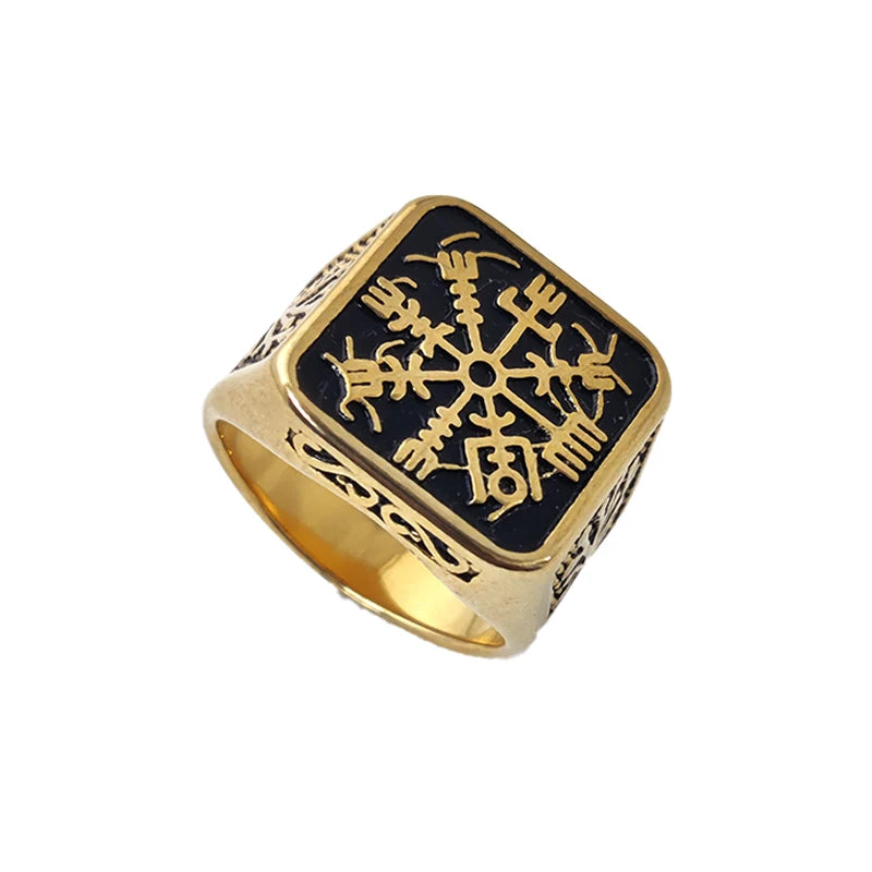 Man's Nordic Viking Rose Gold Plated Stainless Steel Compass Norwegian Rune Ring Tree Life Wolf Jewelry Wholesale MRD011