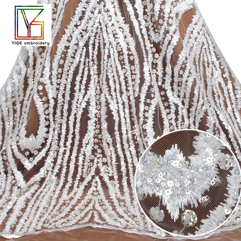 French Bridal White Beads Lace Wedding Dress Tulle Embroidery Beaded Sequins Fabric Laces Fabrics for Women
