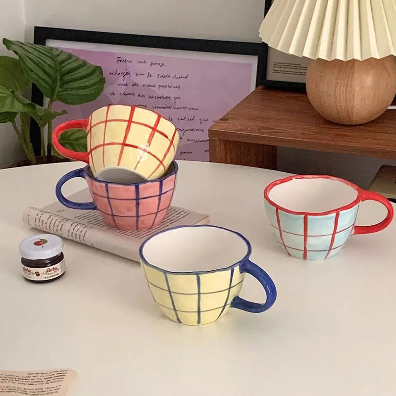 Ins Korea Hand Pinch Plaid Ceramic Coffee Mug Creative Underglzed Color Breakfast Milk Cup