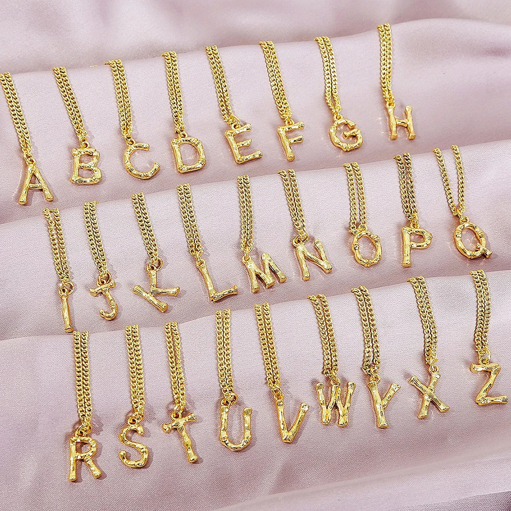Wholesale Bamboo Shape 26 Alphabet Pendant Women A-Z Initial Letter Necklace Jewelry