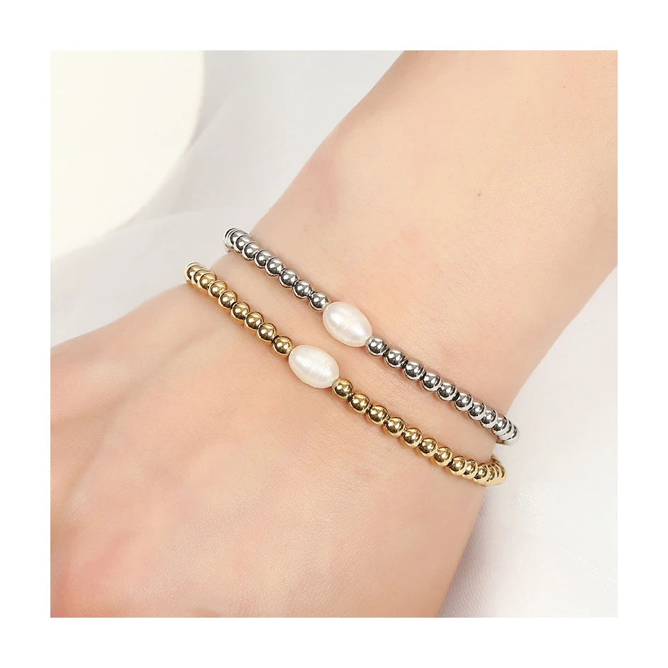 ERESI Fashion PVD 18k Gold Plated 4mm Stainless Steel Beads Natural Freshwater Pearl Bracelet Beaded Stretch Stacking Bracelets