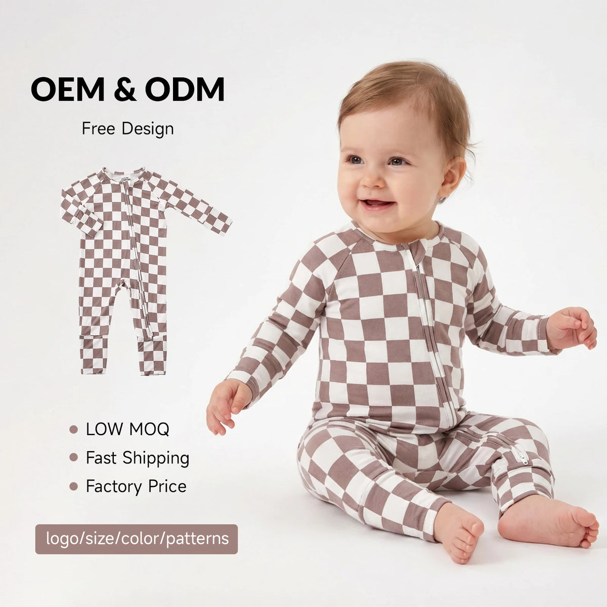 Newborn RTS Baby Rompers Long Sleeve Checkered Board Toddler Pajamas YKK Zipper Jumpsuit Bamboo Clothing Eco-Friendly MegaBDM