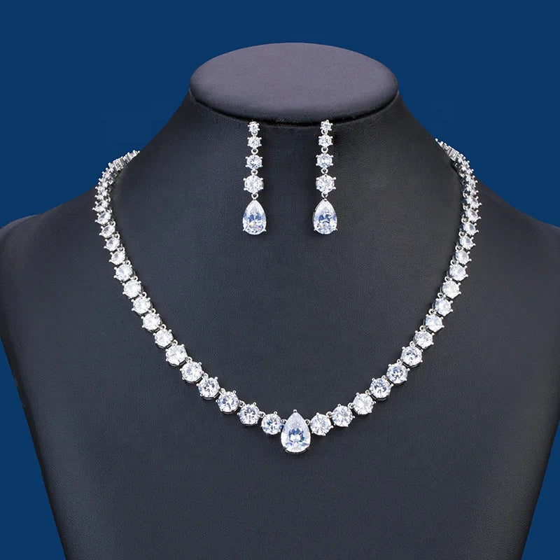 Luxury Women's Elegant Water Drop Shape Bridal Necklace Earrings CZ Zircon Jewelry Set Romantic Pearl for Engagement Wedding