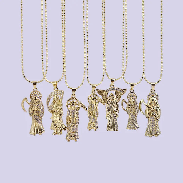NZ1438 18k Gold Plated CZ Micro Pave Grim Reaper Necklace Santisima Muerte Santa Muerte Necklace Holy Death Necklace