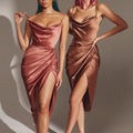 Enyami Summer Streetwear Elegant Club Satin Prom Women Midi Sundress High Slit Ruched Elegant Bodycon Sexy Party Slip Dress