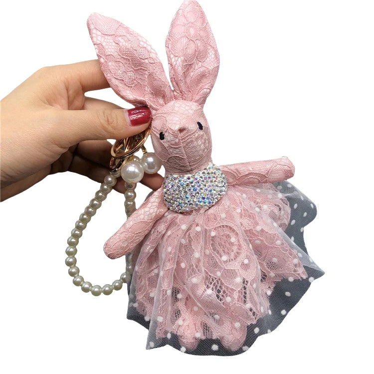 Fashion Plushie Lace Bunny Keychain Plush Lace Rabbit Key Chains Lady Car Keys Pendant Girls Gifts Pearl Diamond Rabbit Keychain