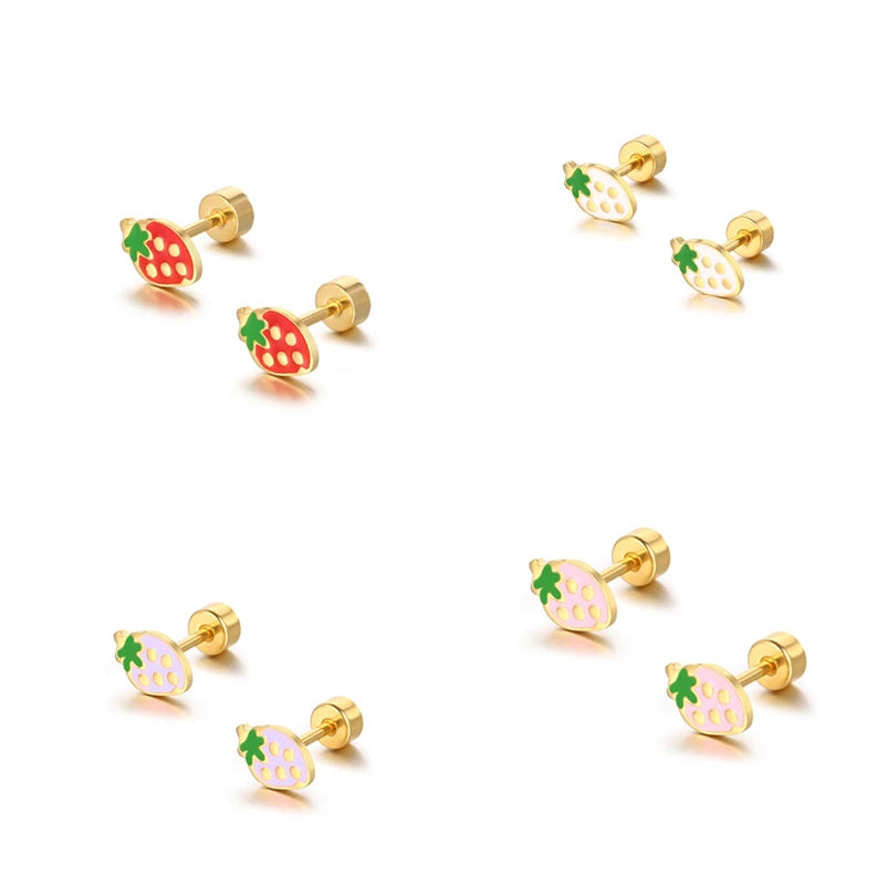 Cute Personality Stainless Steel Gold Plated Cute Red White Pink Purple Colorful Fruit Cherry Stud Earrings