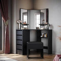Corner Dressing Table Black Makeup Desk With 3 Angle Mirror and 5 Drawers With Cushioned Stool