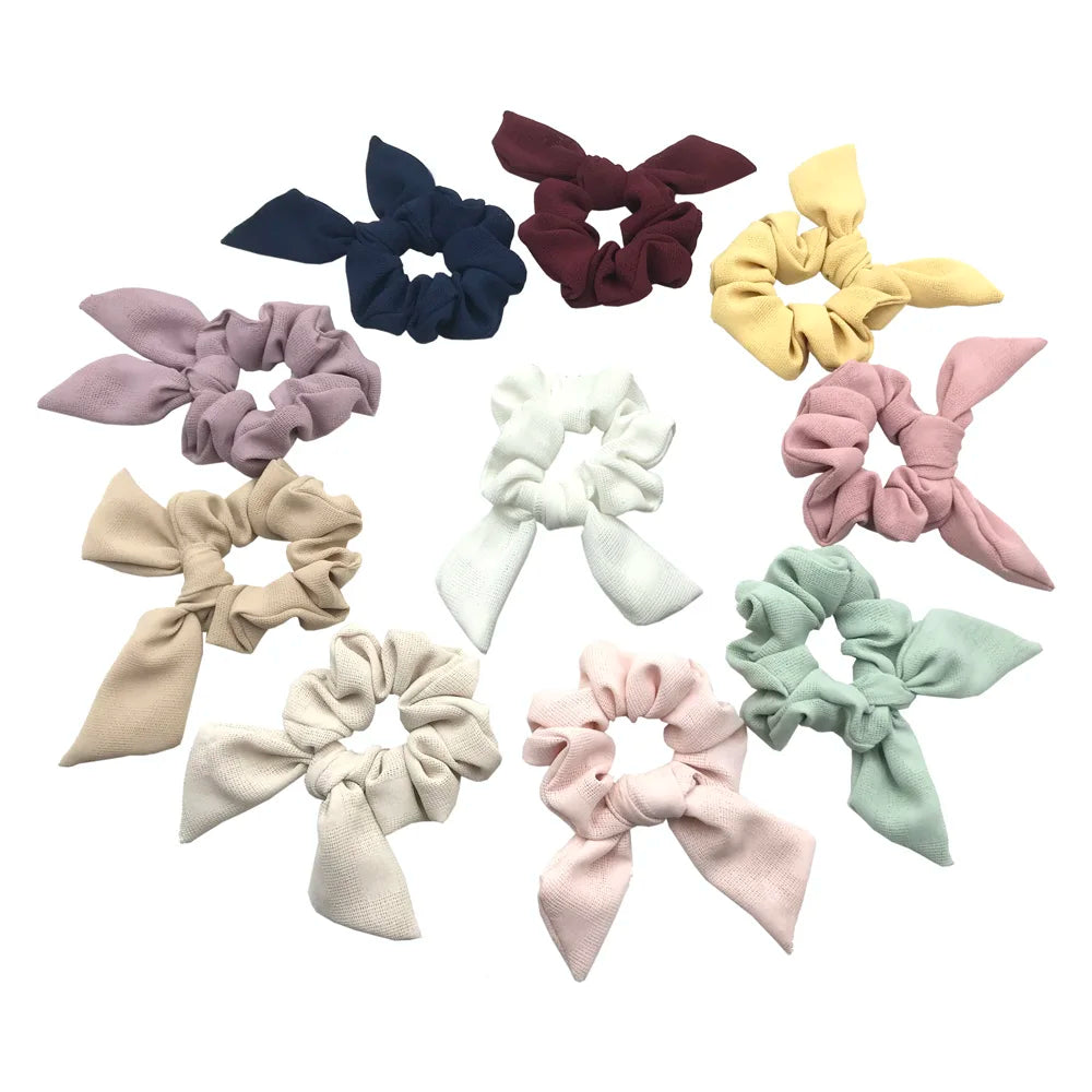 Wholesale 100pcs Soft Fabric Ribbon Scrunchies Bunny Ear Scrunchies Elastic Hair Band Headwear Ponytail Holder Hair Accessories