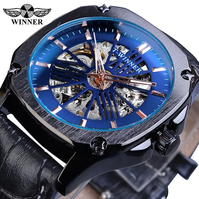 Luxury Mechanical Automatic Winner Watch Classic square Skeleton Wristwatches Men's Waterproof Leather Belt Bracelet Men Watches