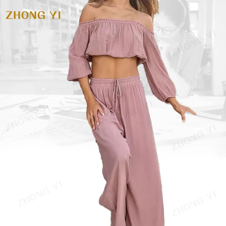 Custom Summer Women Stylish Solid Drop Shoulder Short Top Pants Two Piece Design Casual Short Sleeve Tank Blouse Trousers Set